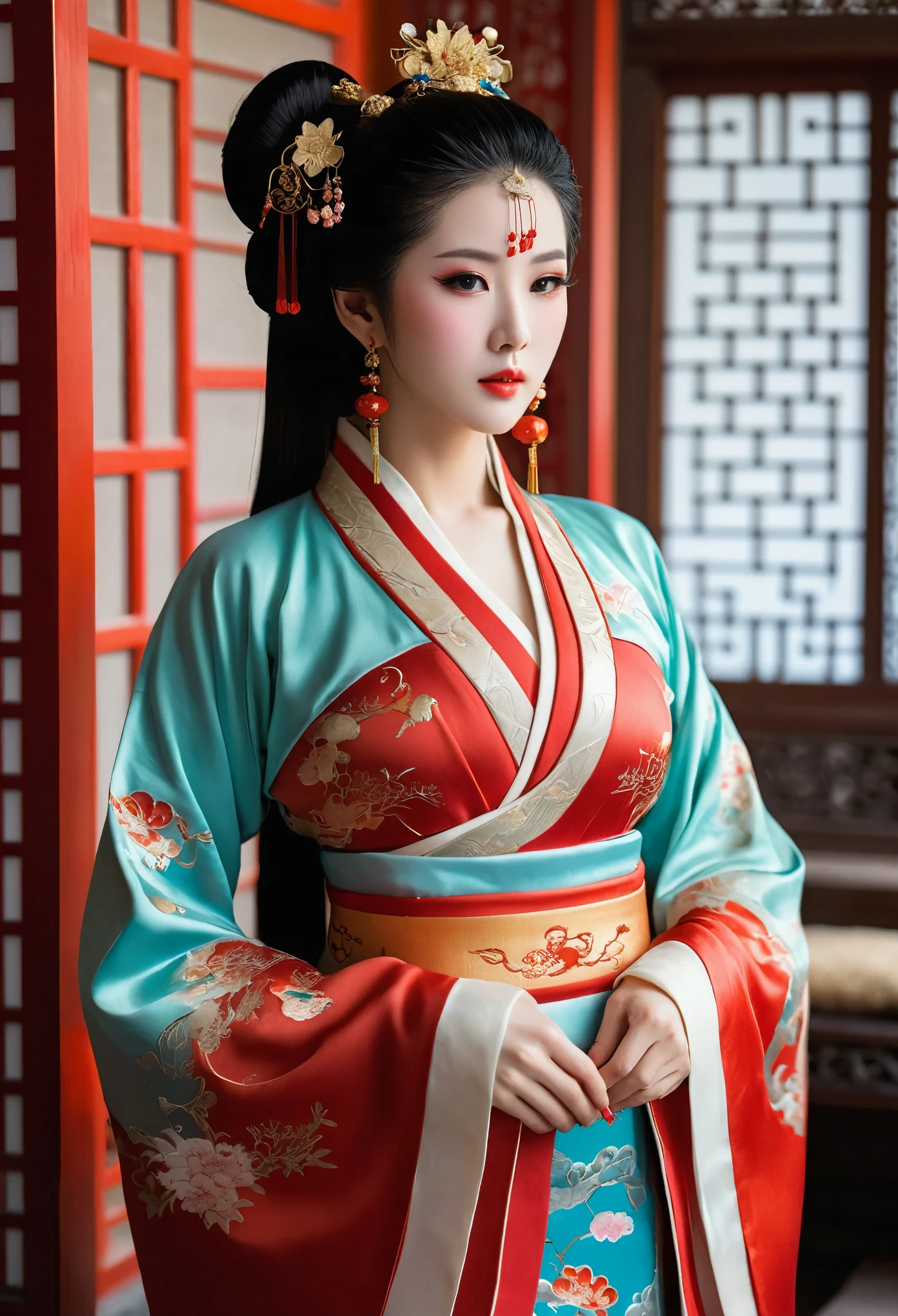 A traditional Chinese courtesan from ancient times. She's beautifully dressed in an exquisite hanfu, with numerous intricate hair ornaments adorning her elaborately styled dark hair. Her face is perfectly round, with delicate features and heavy makeup highlighting her eyes and lips. standing gracefully in a room adorned with classical Chinese art and furniture. (underboob cutout:1.5,partially_undressed:1.5)