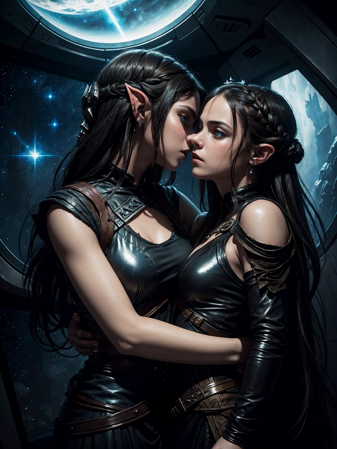 masterpiece. dark ambient. epic fantasy oil painting. Rey Skywalker twin sister hugging twin sister Princess Zelda, inside spaceship.  stylish, ripped shiny leather dress. kissing. sweating. Background  and stars. 