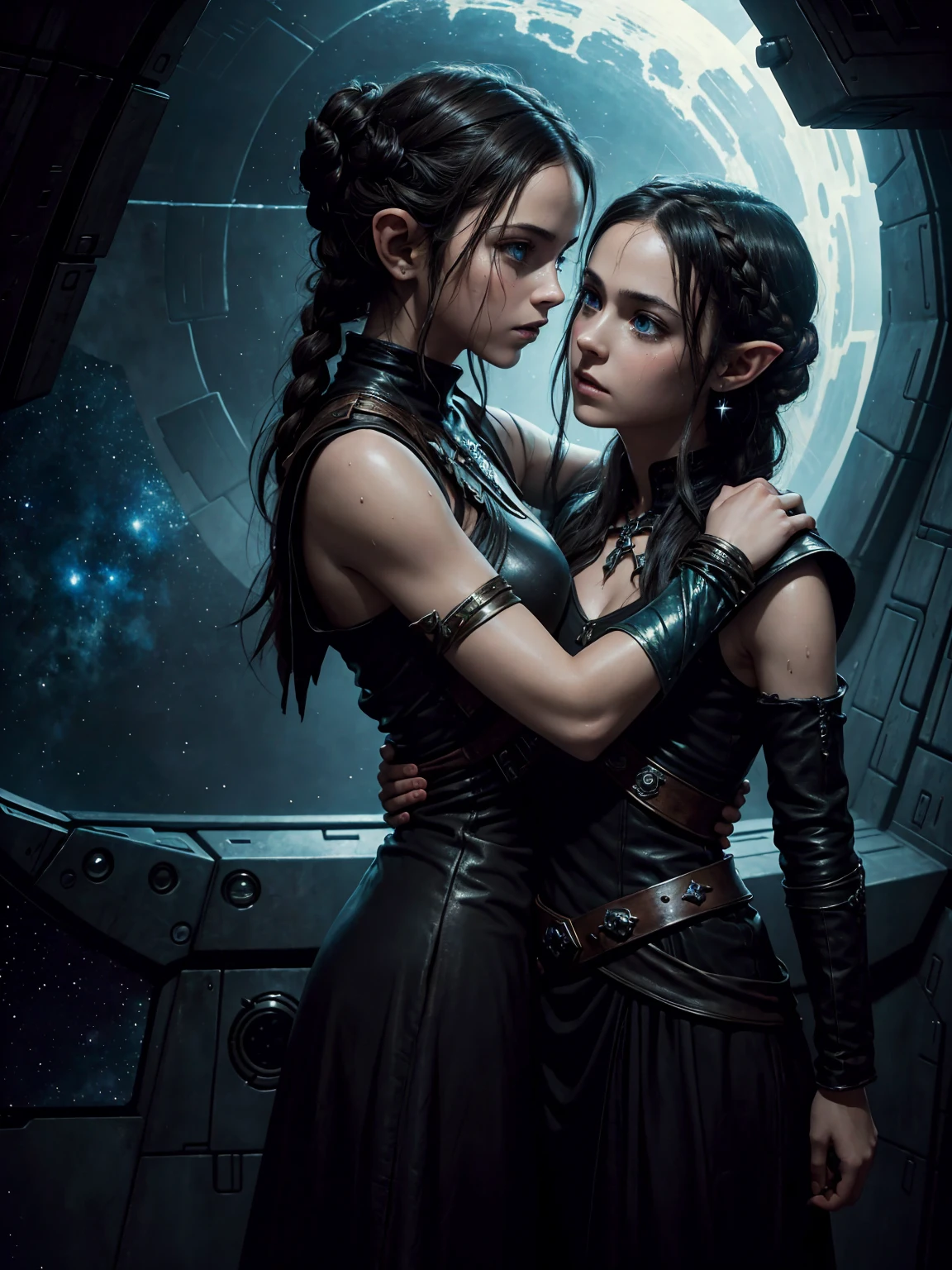 masterpiece. dark ambient. epic fantasy oil painting. Rey Skywalker twin sister hugging twin sister Princess Zelda, inside spaceship. stylish, ripped shiny leather dress. kissing. sweating. Background and stars.