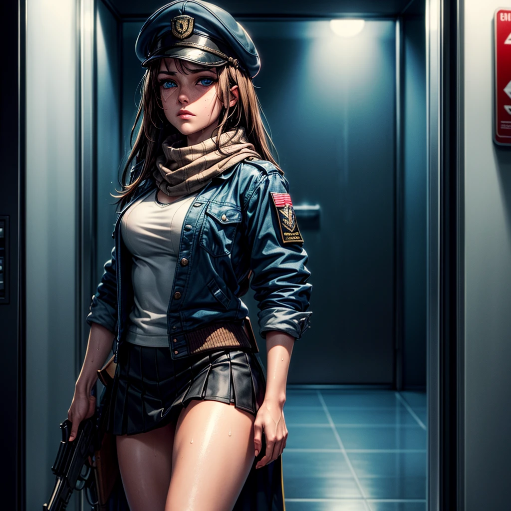 masterpiece, highest quality, (solo focus), (perfect face:1.1), (high detail:1.1), 1girl, ((guarding elevator)), brown hair, ((long hair)), blue eyes, military jacket, large scarf, long coattails, short skirt, long socks, flat cap, shotgun, firearm, sweaty, glistening skin, detailed background, moonlight, neon streets, barricade, cinematic lighting