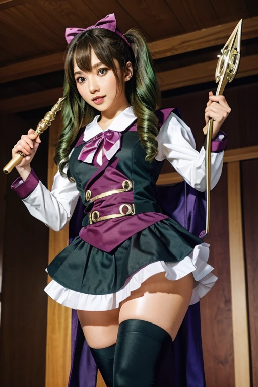 (masterpiece), (best quality), detailed,
1 girl, soro, twintails, long wavy hair twintails.hairs between eyes,dark green eyes ,dark green hair, (magical girl:1.2),
bow, dress, (pink:0.6), over legwear, boots, too many frills, too many bow, standing,striped panties.magical stick, mechanical stick, magic cercle, frying,