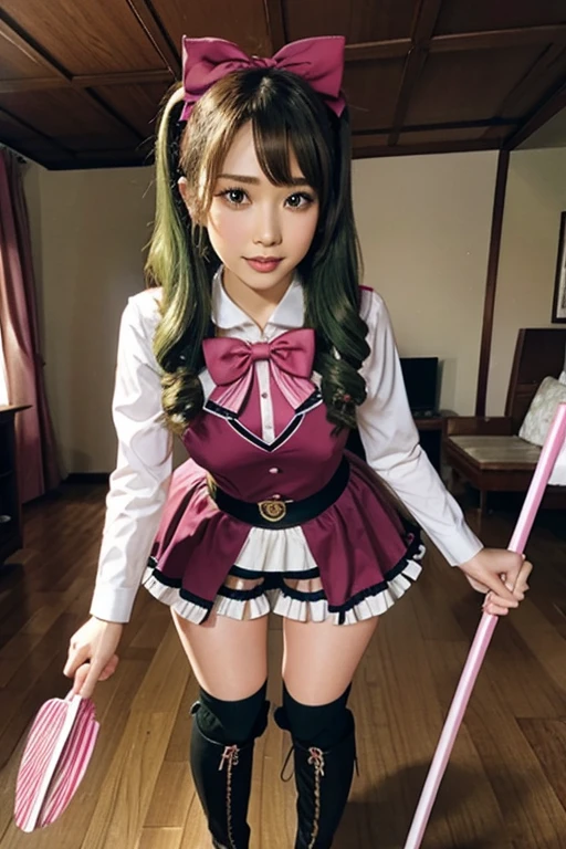 (masterpiece), (best quality), detailed,
1 girl, soro, twintails, long wavy hair twintails.hairs between eyes,dark green eyes ,dark green hair, (magical girl:1.2),
bow, dress, (pink:0.6), over legwear, boots, too many frills, too many bow, standing,striped panties.magical stick, mechanical stick, magic cercle, frying,