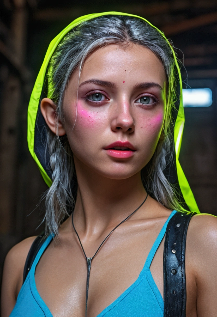 masterpiece, Best Quality, Digital actriz eva elfie , low water, 8k, Very detailed face, a perfect face, The perfect body, Posing, (intricate details:0.9), (HdR, Hyperdetail:1.2), (natural skin textures, hyperrealistic, luz outfit, sharp), (Intricate detail 1.5), In an abandoned warehouse, ((Lots of neon consecration.)).