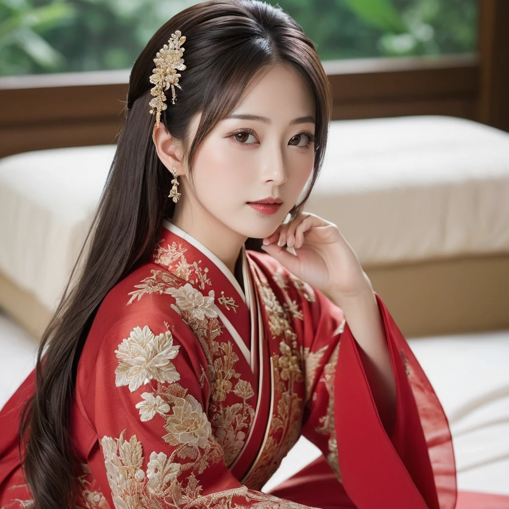 ((Highest quality)), ((masterpiece)), (detailed), (Perfect Face)、The woman is the beautiful Japanese woman, Satomi Ishihara, with large breasts and excellent proportions. She has her medium-long hair tied up and is wearing a gorgeous and glittering red wedding Hanfu with gold embroidery and trimmings. She is lavishly dressed and accessorized with luxurious accessories and an engagement ring.、The woman is on a luxurious bed in a luxurious Chinese bedroom, and the man is fondling her breasts while he is caressing her and they embrace, kiss, and have sex. They are a deeply loving couple.