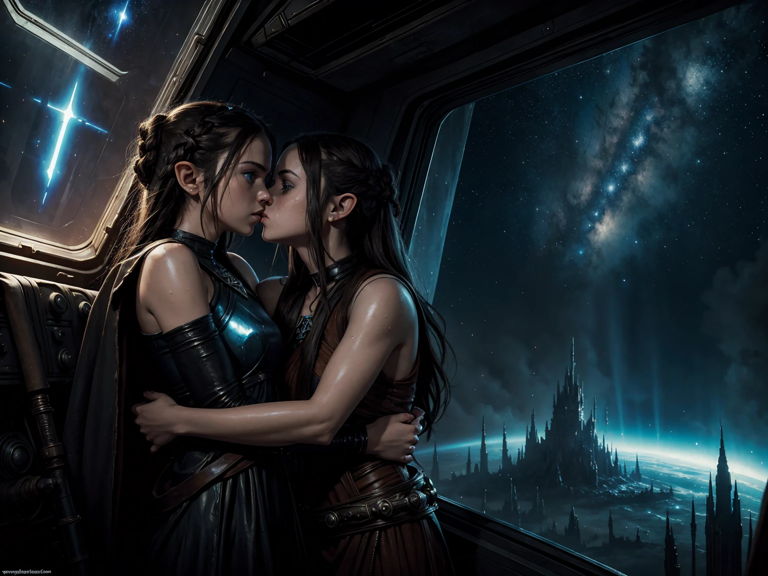 masterpiece. dark ambient. epic fantasy oil painting. Rey Skywalker twin sister hugging twin sister Princess Zelda, inside spaceship.  stylish, ripped shiny leather dress. kissing. sweating. Background  and stars. 