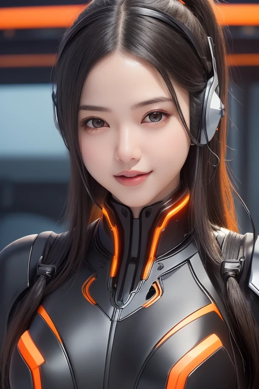 Top Quality, Masterpiece, Ultra High Resolution, (Photorealistic: 1.4), Raw Photo, 1 Girl, Black Hair, Glossy Skin, 1 Mechanical Girl, (((Ultra Realistic Details)), Portrait, Global Illumination, Shadows, Octane Rendering, 8K, Ultra Sharp, Intricate Ornaments Details, realistic skin, sweat effect, ((wearing Headphone)), very intricate detail, realistic light, CGSoation trend, brown eyes, glowing eyes, matte black and glossy orange mechanical bodysuit, Long hair, black hair, Ponytail hair, Half body shot, spaceship bridge background, dynamic pose, cute smile, close up, Open Mouth,