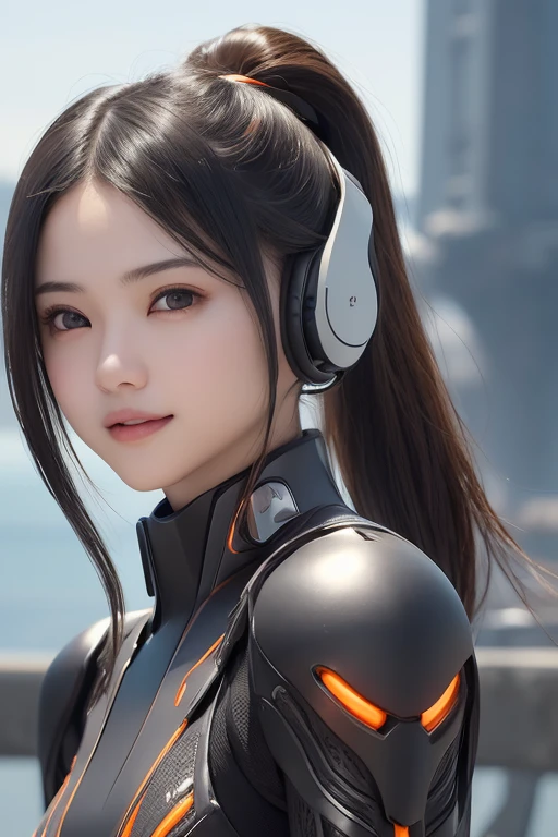 Top Quality, Masterpiece, Ultra High Resolution, (Photorealistic: 1.4), Raw Photo, 1 Girl, Black Hair, Glossy Skin, 1 Mechanical Girl, (((Ultra Realistic Details)), Portrait, Global Illumination, Shadows, Octane Rendering, 8K, Ultra Sharp, Intricate Ornaments Details, realistic skin, sweat effect, ((wearing Headphone)), very intricate detail, realistic light, CGSoation trend, brown eyes, glowing eyes, matte black and glossy orange mechanical bodysuit, Long hair, black hair, Ponytail hair, Half body shot, spaceship bridge background, dynamic pose, cute smile, close up, Open Mouth, 