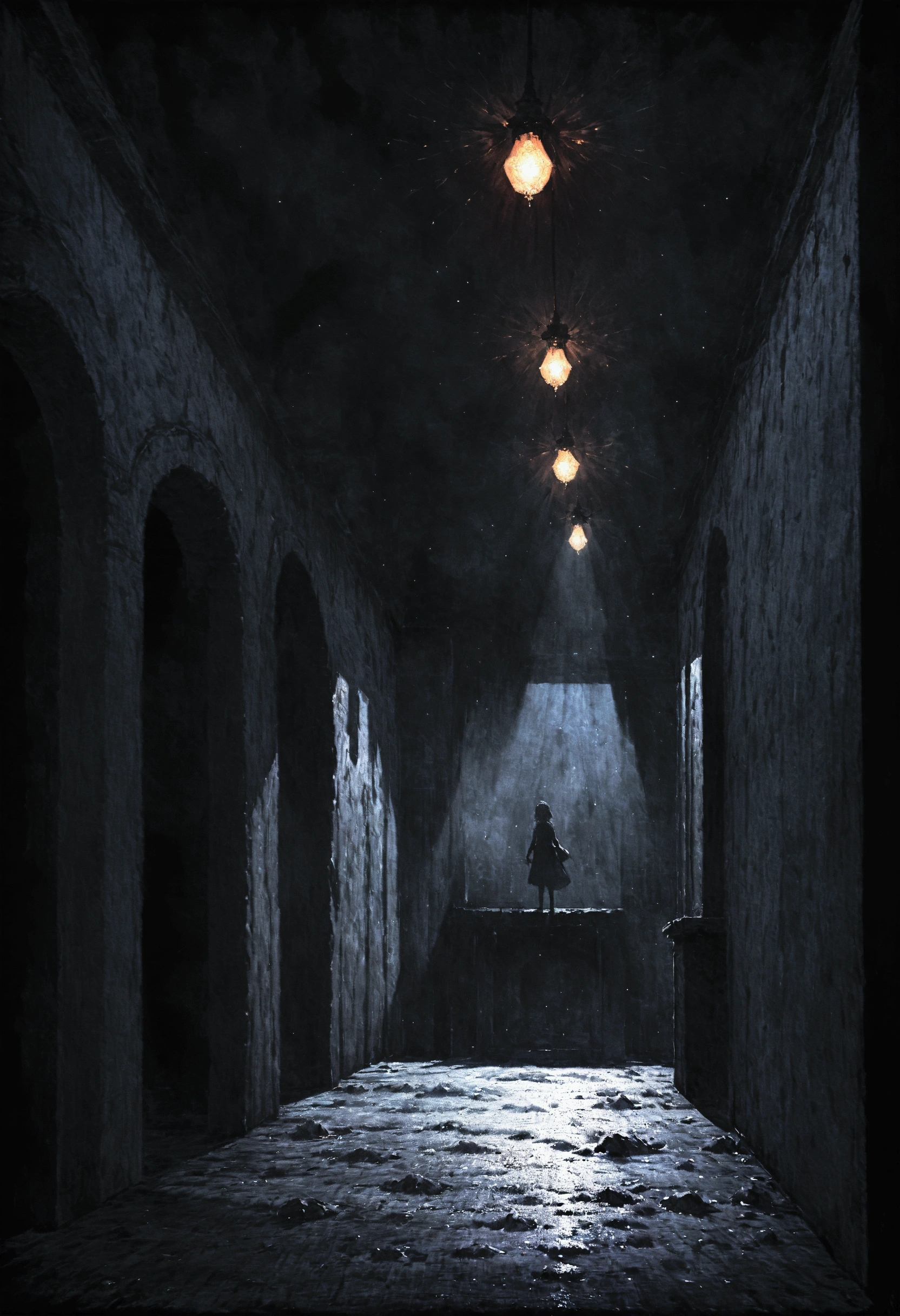 Dark room at night,Only the TV is shining,Rendering 2D painting style