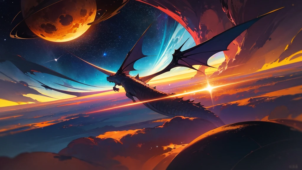 a small dragon flying in the universe near the event horizon of a black hole, with stars in the background and planets, highly detailed, cinematic lighting, dramatic composition, vibrant colors, photorealistic, intricate details, masterpiece