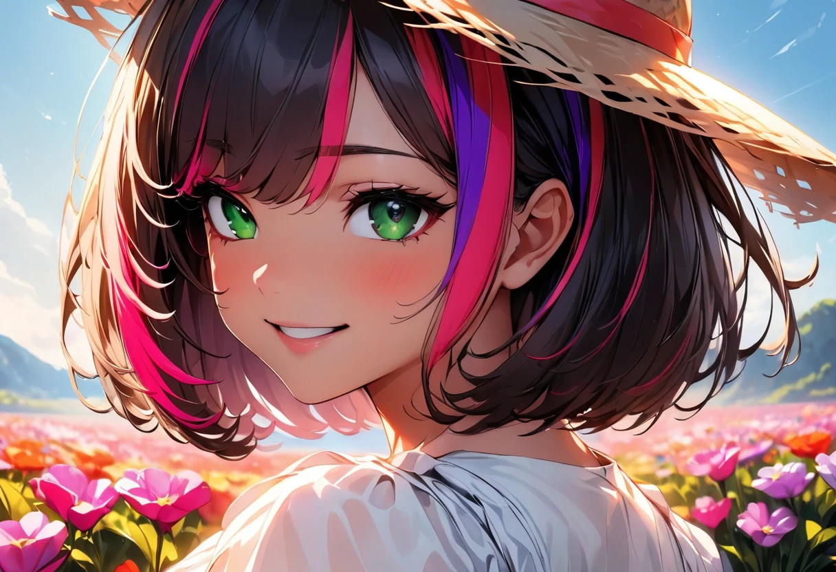(highest quality:1.2, Very detailed, up to date, Vibrant, Ultra-high resolution, High Contrast, masterpiece:1.2, highest quality, Best aesthetics), Portraiture、girl、solo, (25-years-old:1), slim, heterrochromia, green eye, red eye, (summer dress:1), straw hat, (dancing:1), Bright colors、Beautiful fine details、Beautiful lip detail、extra short hair, ((bob cut:1.5))、pink and purple, ((streaked hair:1.9)), (highlights hair: 1.6), (medium breast:0.7), (tan skin:0.5), (happy:1.6), flower field、colorful flowers, great outdoors、Landscape of the flower garden,blue sky, (upper body),