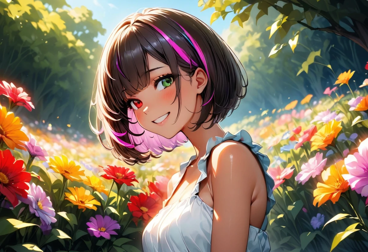(highest quality:1.2, Very detailed, up to date, Vibrant, Ultra-high resolution, High Contrast, masterpiece:1.2, highest quality, Best aesthetics), Portraiture、girl、solo, (25-years-old:1), slim, heterrochromia, green eye, red eye, (summer dress:1), straw hat, (dancing:1), Bright colors、Beautiful fine details、Beautiful lip detail、extra short hair, ((bob cut:1.5))、pink and purple, ((streaked hair:1.9)), (highlights hair: 1.6), (medium breast:0.7), (tan skin:0.5), (happy:1.6), flower field、colorful flowers, great outdoors、Landscape of the flower garden,blue sky, (upper body),