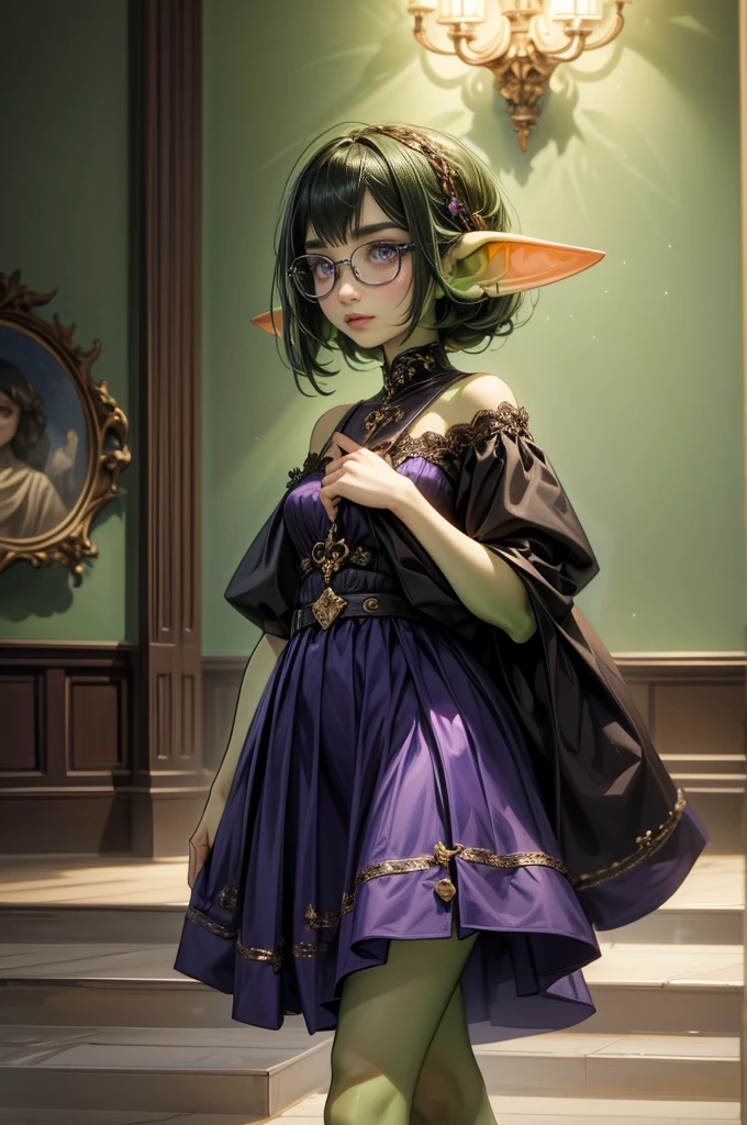 (1girl:1.8) intricate details, tonemapping, sharp focus, hyper detailed, trending on Artstation, Masterpiece, absurdrez, amazing detail, 4k, perfect face, symmetrical, (small ears), 3 foot tall green goblin girl, wearing purple blouse and long black skirt, very shy, (((black glasses))), (green skin), short dark green hair, purple eyes, exploring a fine art museum, admiring painting on the wall, curious and fascinated, cinematic lighting, fine art lines the walls, in art museum, small smile, loves art, walking towards camera, holding purse, stopping to admire art, looking closely at art, white walls, marble floors, fine art