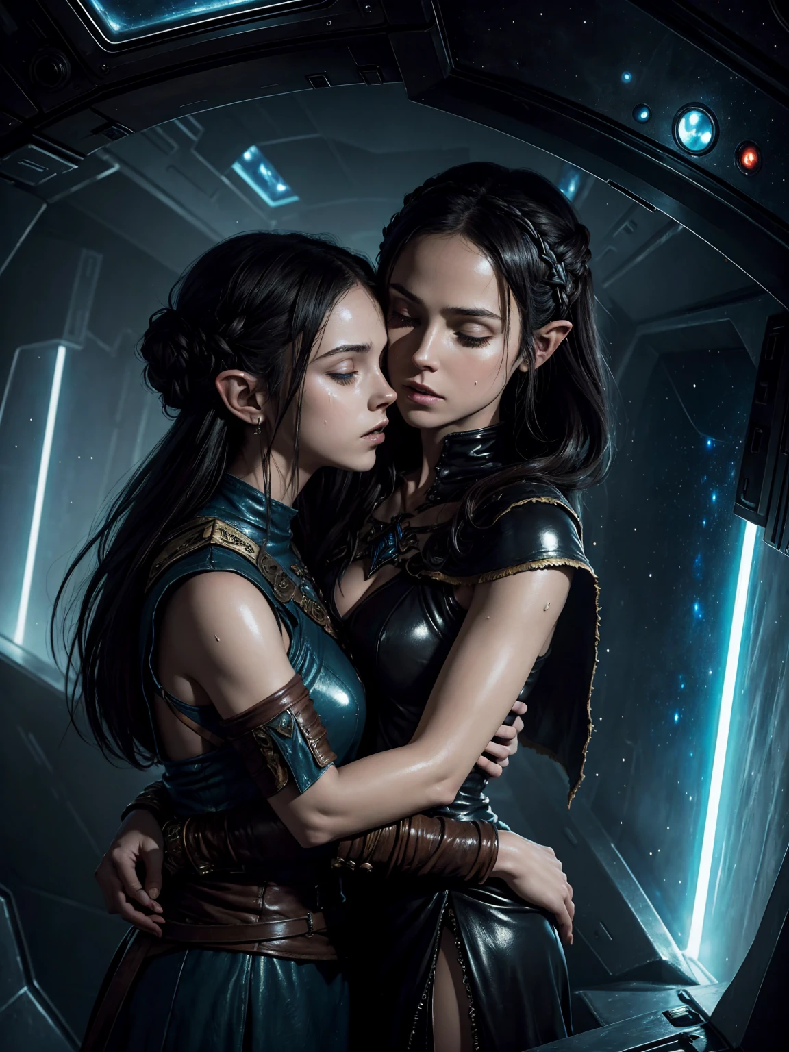 masterpiece. dark ambient. epic fantasy oil painting. Rey Skywalker twin sister hugging twin sister Princess Zelda, inside spaceship. stylish, ripped shiny leather dress. kissing. sweating. Background and stars.