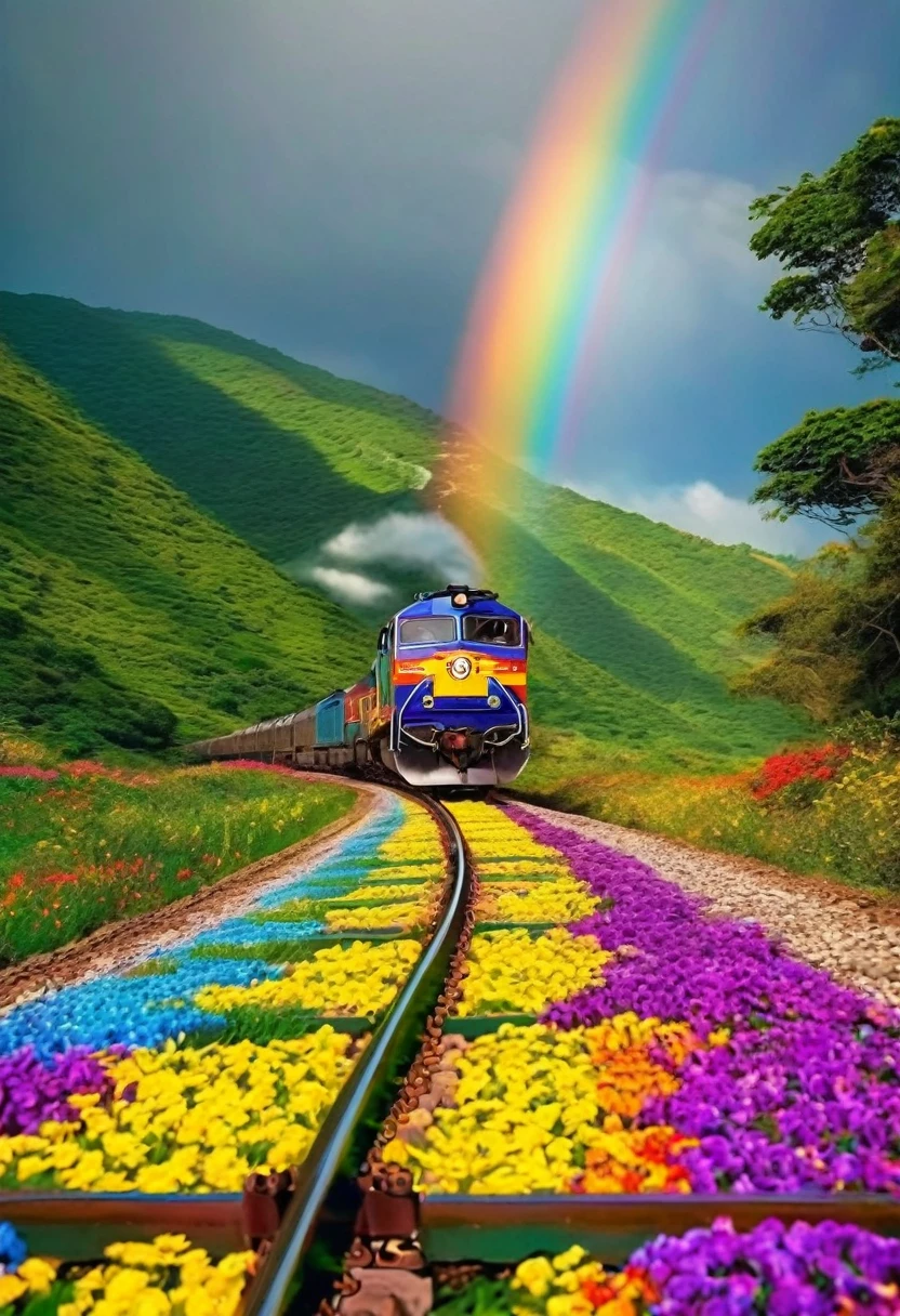 A locomotive running on rainbow-colored tracks,colorful,beautiful flower,wonderful景色,Utopia,An atmosphere full of dreams and hope,masterpiece.16K, Ultra-high resolution, Ultra-high resolution, to be born,wonderful ,future、Iridescent、The world 30 years from now。