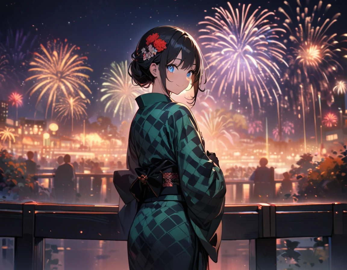 1 girl,amazing quality, aesthetic,ultra-detailed face,detailed eyes,fair skin,lash extension,sparkling pupils,blue eyes,checkered pattern green yukata decorated with race,Japanese clothes,(long sleeve, long hem),race black gloves,smile,half updo,Goldfish shaped kanzashi hairpin,black hair,cowboy shot,Looking back at the viewer,night, (fireworks:1.4) in the sky,very wide shot, masterpiece, top quality, highly detailed illustration, incredibly delicate and beautiful
