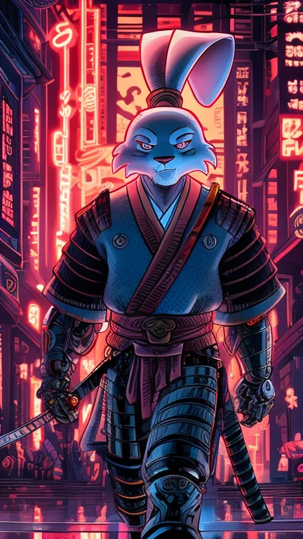 (usagi yojimbo), (extremely detailed CG unit 8k wallpaper),(master part), (best quality), (ultra detail), (best illustration),(style of Dan Mumford), cowboy shot, (Sharp eyeliner, ombre, detail eyes:1), neon light indoors background ,break , (Samurai
Cybernetic), upper body,