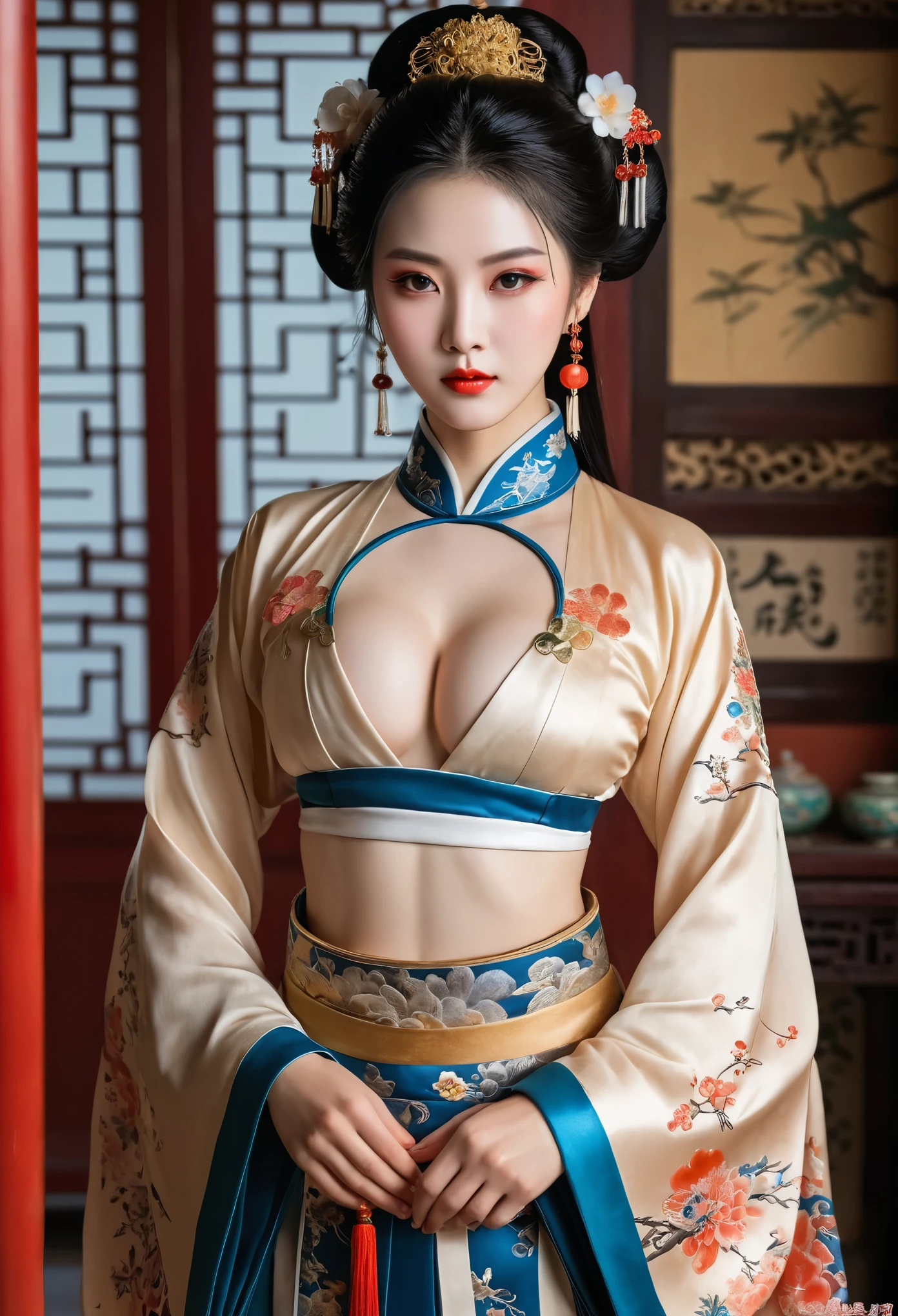 A traditional Chinese courtesan from ancient times. She's beautifully dressed in an exquisite hanfu, with numerous intricate hair ornaments adorning her elaborately styled dark hair. Her face is perfectly round, with delicate features and heavy makeup highlighting her eyes and lips. standing gracefully in a room adorned with classical Chinese art and furniture. (underboob cutout:1.5,partially_undressed:1.5)

