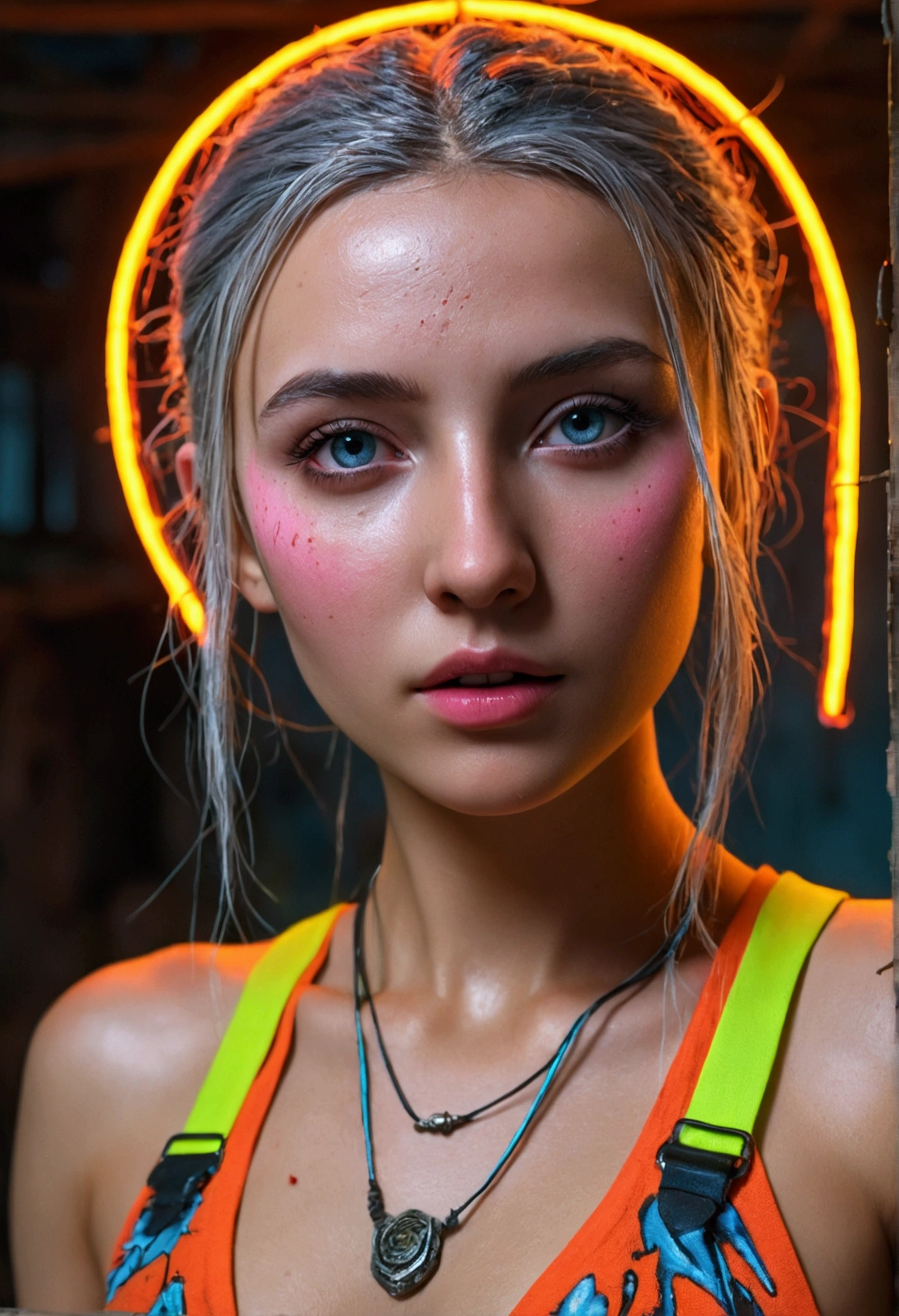 masterpiece, Best Quality, Digital actriz eva elfie , low water, 8k, Very detailed face, a perfect face, The perfect body, Posing, (intricate details:0.9), (HdR, Hyperdetail:1.2), (natural skin textures, hyperrealistic, luz outfit, sharp), (Intricate detail 1.5), In an abandoned warehouse, ((Lots of neon consecration.)).