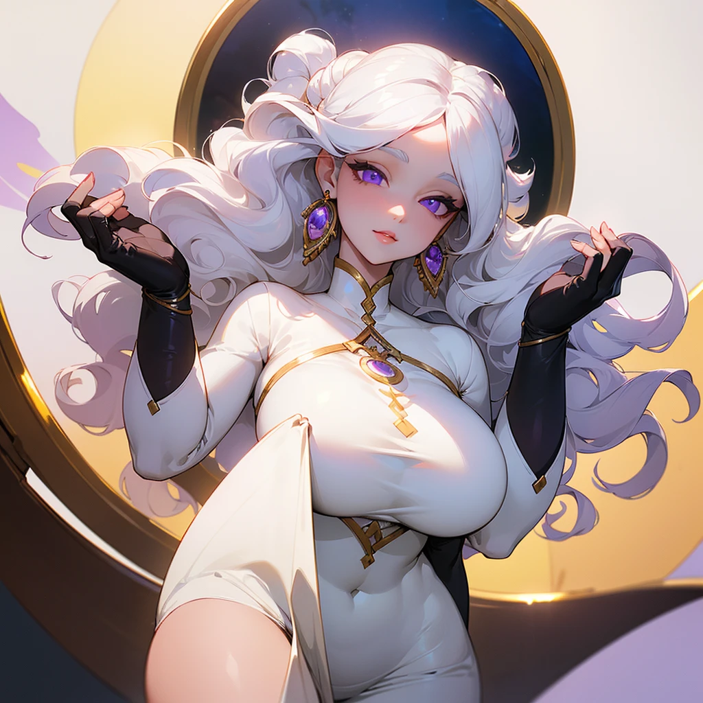 ((ultra quality)), ((masterpiece)), ((Angelic beauty woman)), ((long white curly hair)), ((White hair)), ((White hair)), ((curly hair)), (beautiful face), (beautiful female lips), charming, ((sweet facial expression)), ((ornaments, sun and moon earrings)), looks at the camera with a slight smile, (White skin color), (White skin), glow on the body, ((detailed eyes)), ((violet eyes)), (juicy female lips), (dark eyeliner), (beautiful female hands), ((thick body)), ideal female body, ((White dress)), beautiful waist, beautiful big hips, big breasts, thick thighs, ((Subtle and beautiful)) (), ((depth of field)), ((high quality clear image)), (delete details), ((High detail)), ((clear focus))