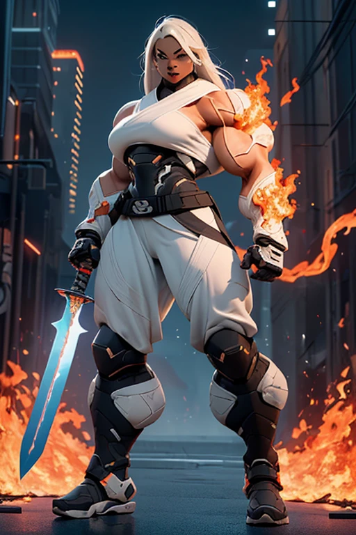 ((((Massive, beautiful, buff, muscular light brown skinned female ninja with white hair, black lipstick, ginormous bulky muscles, holding a white fire sword and wearing an a white cybernetic ninja armor with pants)))), {close view}, black eyeliner, massive muscles, large breast, massive biceps, hyper muscle triceps, (long straight hair), blue eyes, mask, ninja boots, In a futuristic city, steel ninja armor, nighttime, closed smile, hyper muscles arms, hyper muscle legs, ginormous arms