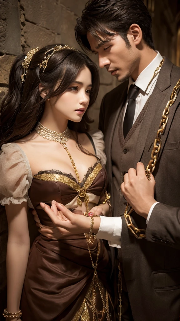 Beautiful man and woman with their hands chained