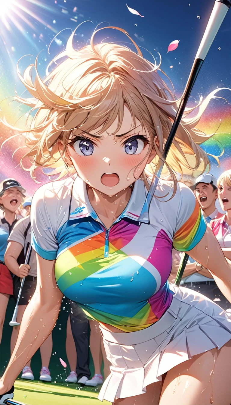 (Sports magazine cover photo), Highest quality, Great quality, 16K, Unbelievably absurd, Very detailed, delicate and dynamic, Natural light, The particles reflect light, Diffuse reflection of light, Many rainbow-colored petals fall, Beautiful field, Sparkling Sun, Diffuse reflection of light, Create amazing image effects, , Wet, sweating, golf, swinging golf putter, Close-up(Cute sexy girl, big bouncing busts, Sensual expression, Cool girl, Serious, passion, Dynamic, Flashy golf wear, ,audience , much-air-laden cheer)