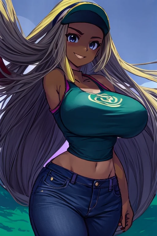 (Pokemon Melony), beautiful,masterpiece, (smir),((gigantic breasts)),smile,best quality, (pink crop top), wearing jeans, outdoors,sunny,(1girl:1.3), wide hips, loose top, teen girl, hyper realistic, bending forward, partially breasts, boob window, volleyball size breasts, Slutty , slutty expression