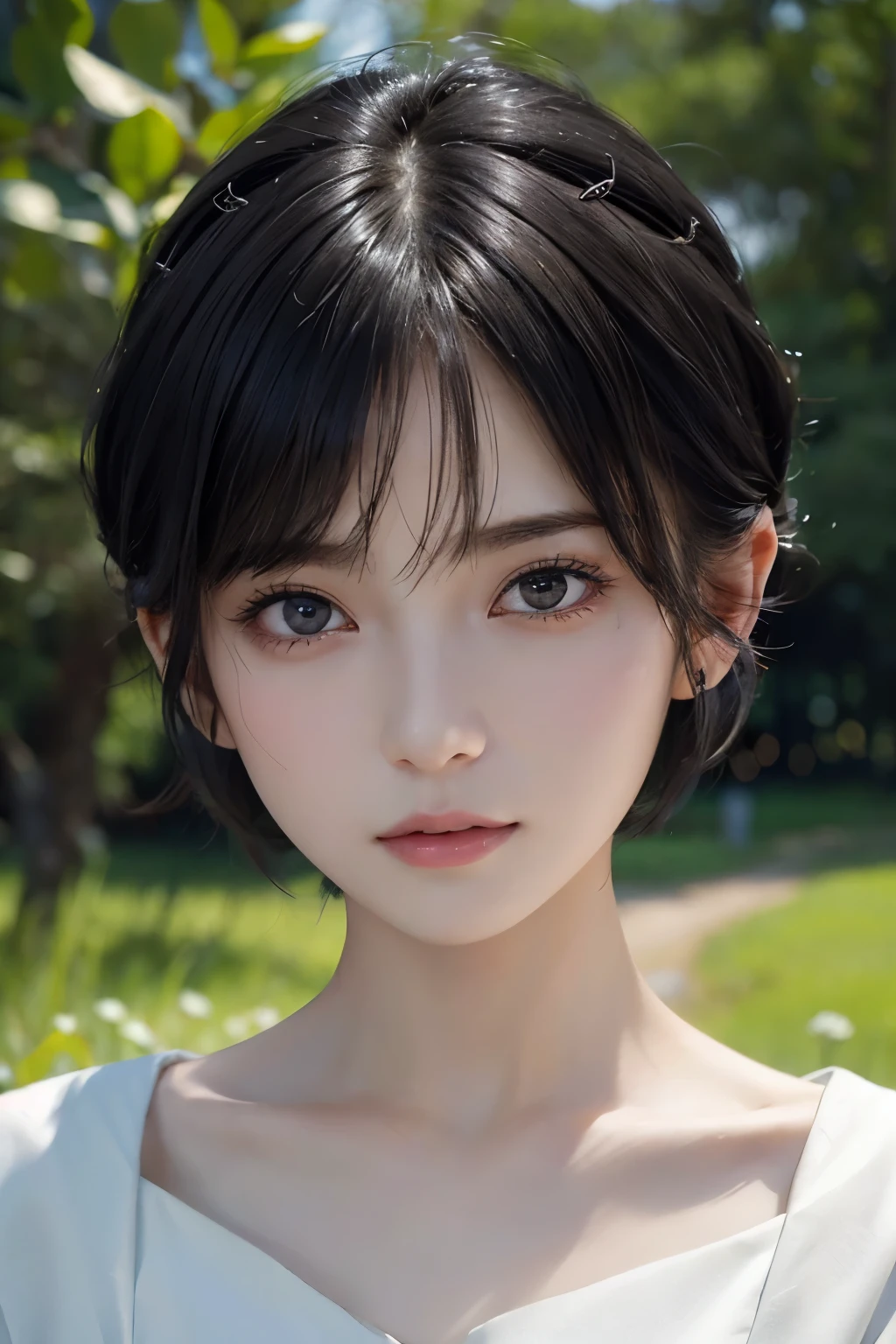 (((Black Short Hair))), (grassland), Seductive pose, 背景がgrassland、Image from chest up:1.6)、Close-up portrait of a woman wearing a white off-the-shoulder top dress and earrings, Soft portrait shot 8k, Nice delicate face, High-quality 4K portraits, High-quality portraits, Soft, perfect, pale skin, 8K Highly Detailed Face, なbeautiful繊細な顔, beautiful光の大きな目, Beautiful and realistic face, beautiful14Old woman, Beautiful and realistic face, cute14Old woman