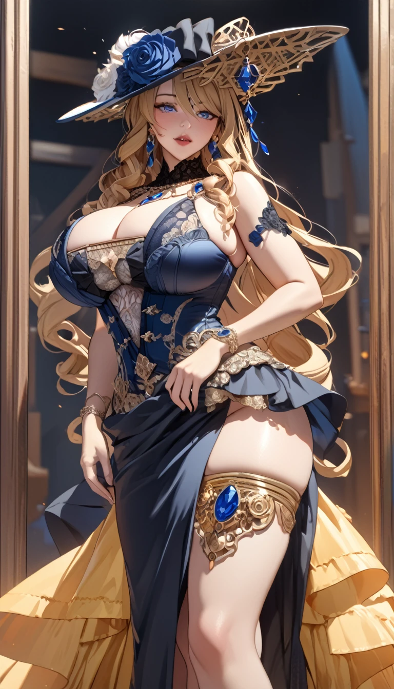 anime, ultra detailed, hyper detailed, best quality, highres, 4K, master piece, 1 female, 28-year-old, Navia, sexy lingerie, gigantic, huge breast
