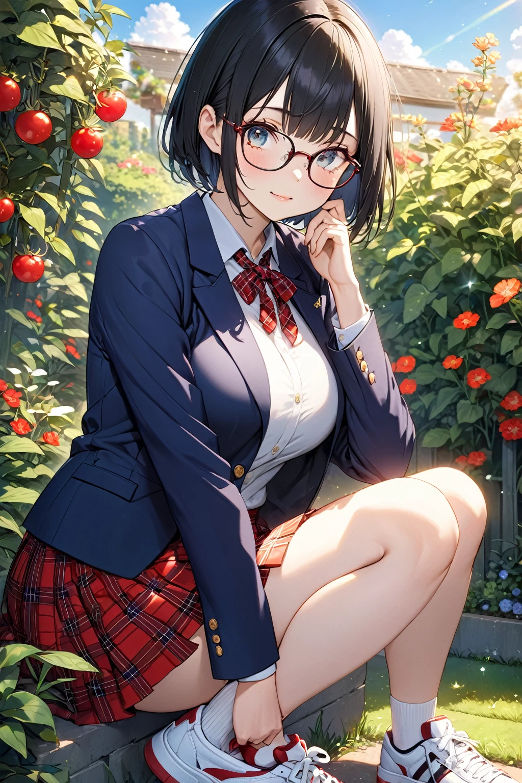 (Beautiful 18 year old Japanese woman), Cute Face, Navy Blue Blazer,Ribbon tie,Red tartan check skirt, tiny socks,sneakers,Glasses,(Deeply chiseled face:0.7), (freckles:0.6), Soft Light,Healthy white skin, Black Hair,Bobcut, (Sparkling eyes), thin,garden,Blue sky,Very large breasts,sitting down