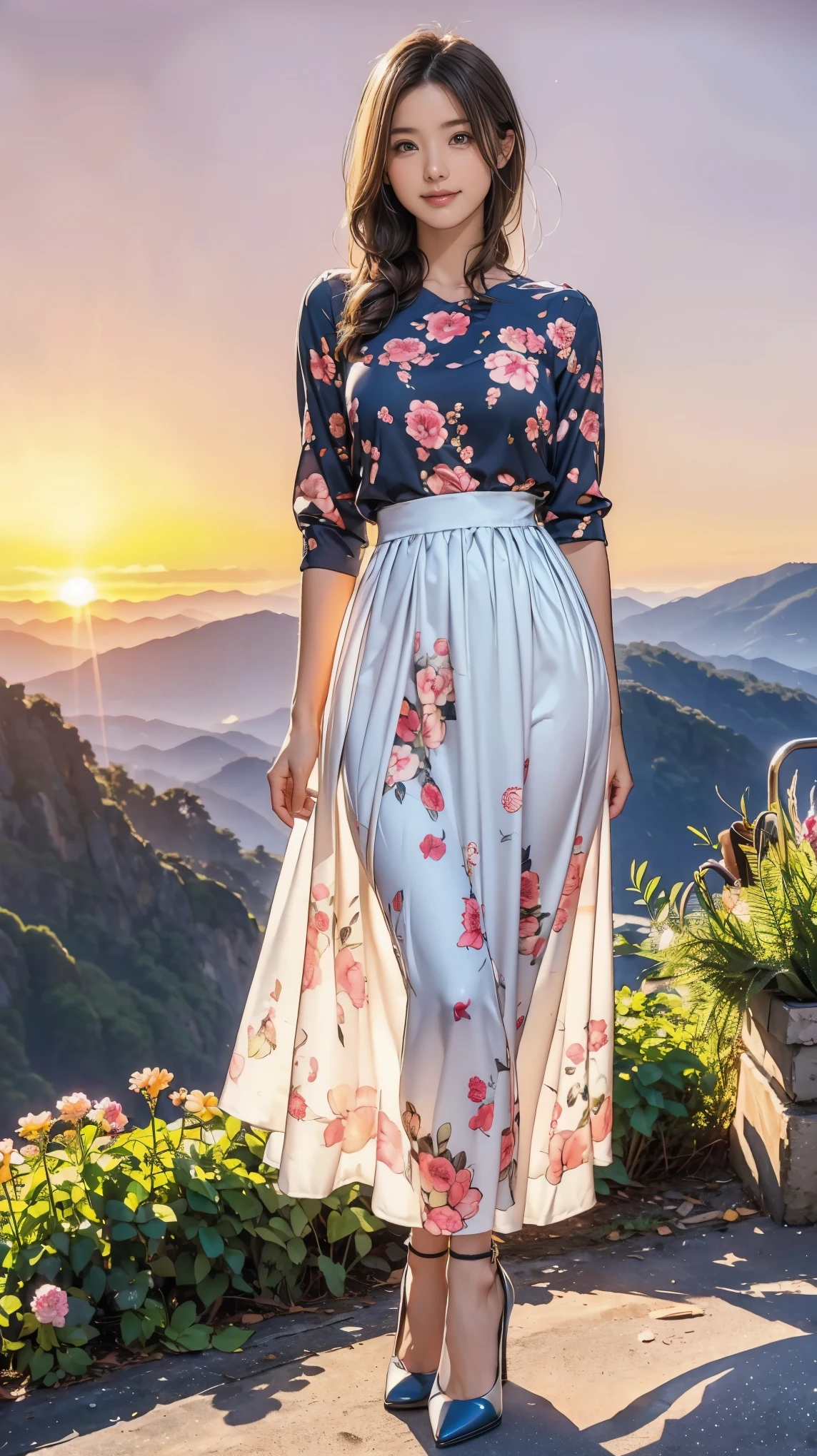 ((masterpiece)),(((Highest quality))),A low-angle shot that highlights beautiful thighs:1.5,Long legs,The best smile:1.5，Slim figure:1.5，whole body:1.5，(One Girl:1.3),(Viewer Display:1.4)，(Pointy high heels:1.3),(Standing with legs apart on top of a mountain in the setting sun:1.2),(Wear a long skirt dress with floral or plant patterns:1.2),Curly Hair:1.5，
