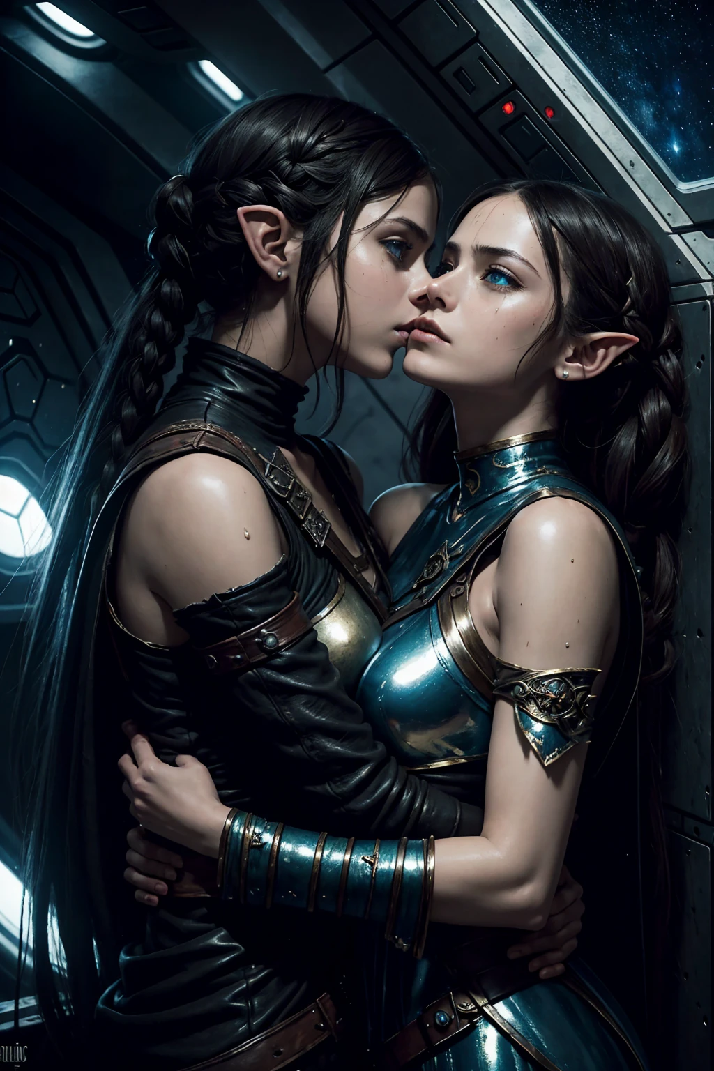 masterpiece. dark ambient. epic fantasy oil painting. Rey Skywalker twin sister hugging twin sister Princess Zelda, inside spaceship. stylish, ripped shiny leather dress. kissing. sweating. Background and stars.