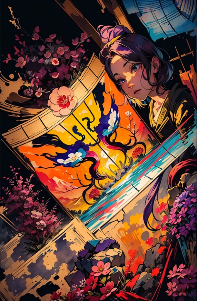 (Art by Numbers,Inks and washes:1.2)，Nobody, Mountain々, wood, Rivers，Flowers，Cherry Blossom，Purple Flower,沢Mountainの花(Oriental elements, The colors of Japan, Senior Color Matching),  (3D sculpture，Rendering with Octane，Volumetric Light，Natural soft light，), (Very delicate:1.2, Losing focus:1.2, Very colorful, Cinema Lighting, Chiaroscuro,Ray Tracing), masterpiece, Super rich,Very detailed,8k, Zurrison_style_wonderful_wall,Based on purple,Paintings with a lot of purple,(((富士Mountainを書いて)))