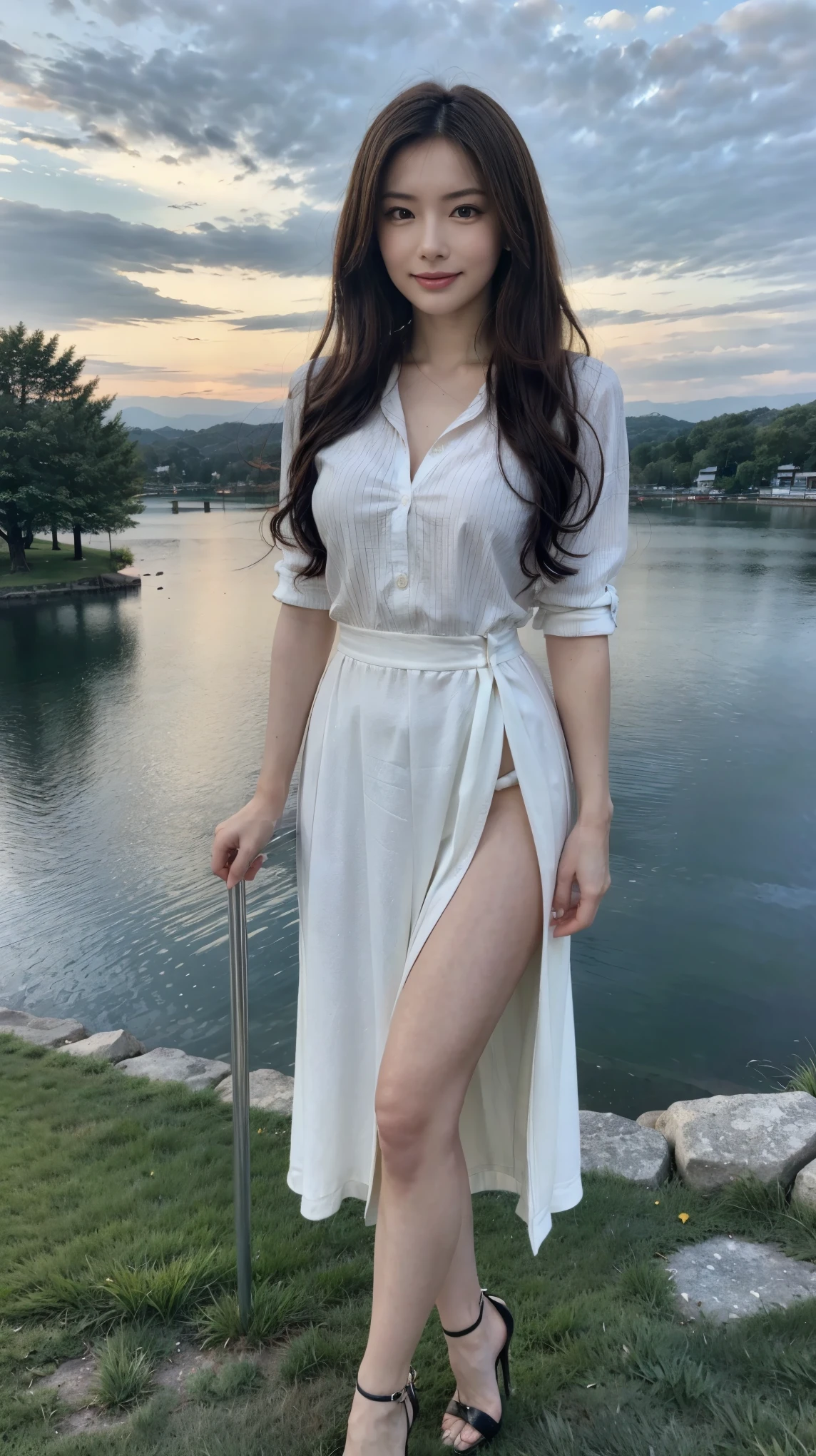 ((masterpiece)),(((Highest quality))),A low-angle shot that highlights her beautiful thighs and crotch:1.5,Long legs,The best smile:1.5，Slim figure:1.5，whole body:1.5，(One Girl:1.3),(Viewer Display:1.4)，(Pointy high heels:1.3),(Standing with legs wide apart by the lake:1.2),(Wearing a striped long skirt dress:1.2),Long Curly Hair:1.5，