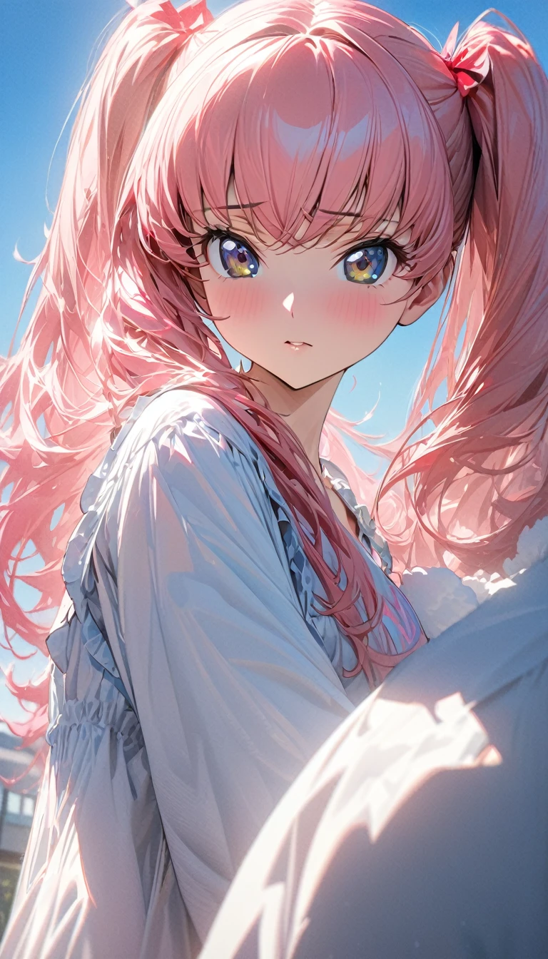 One person, high school , woman, Ultra-high resolution, 超detailed, Highest quality, 8k,((Highest quality)), ((masterpiece)), (detailed)，Face direction(front)，Hair Color(Bright pink，Fine hair quality), Hairstyle(Soft and fluffy, Twin tails), background(blue sky，morning)，eye(きれいなeye元), clothing(negligee)，expression(Exquisite features depicting a perfect face)，Body Type(model，Naturally beautiful)，Perfect hands，完璧なwoman像, Dramatic Shadows，Cute pose，Anime characters, Code Geass, betrayal