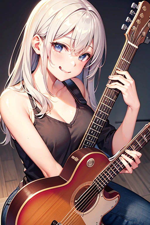 Guitar Practice,Wipe away sweat,smile,chest, Character profile, Overlooking, A seductive smile, Tongue out, 
