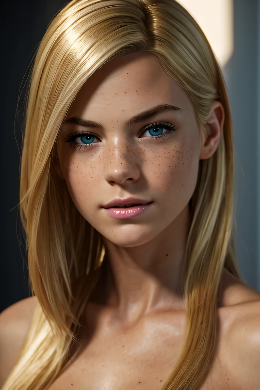 ultra realistic image, masterpiece, best quality, ultra-detailed, solo, shadows, contrast, cinematic light, ultra high resolution, best shadow, RAW, 4k, sexy, Gwen Stacy, long blond hair, shorter hair on left side, freckles, light skin, , perfect face