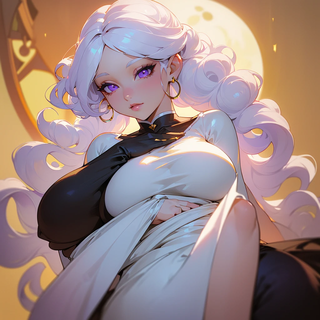 ((ultra quality)), ((masterpiece)), ((Angelic beauty woman)), ((long white curly hair)), ((White hair)), ((White hair)), ((curly hair)),  (beautiful face), (beautiful female lips), charming, ((sweet facial expression)), ((ornaments, sun and moon earrings)), looks at the camera with a slight smile, (White skin color), (White skin), glow on the body, ((detailed eyes)), ((violet eyes)), (juicy female lips), (dark eyeliner), (beautiful female hands), ((thick body)), ideal female body, ((White dress)), beautiful waist, beautiful big hips, big breasts, thick thighs, ((Subtle and beautiful)) (), ((depth of field)), ((high quality clear image)), (delete details), ((High detail)), ((clear focus))