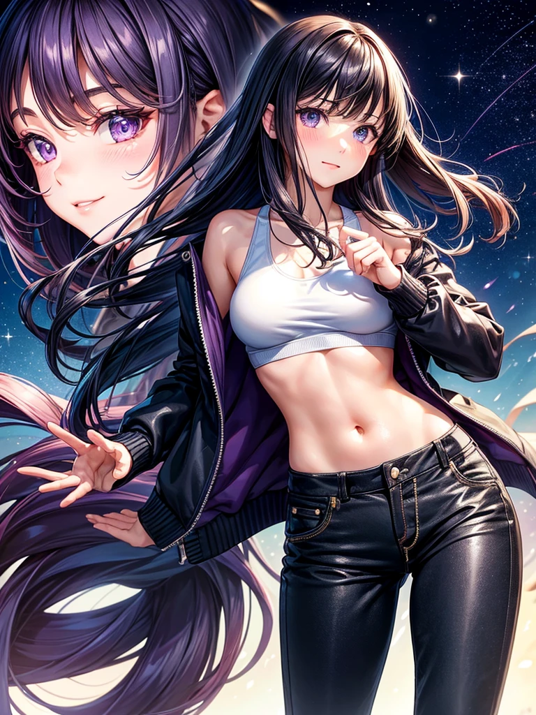 best quality,,smile,blazer,swimsuit,School,group of,Track jacket,Physical education class,JK,Sexy and cute,future,Wearing a fastener bra,zipper bra,perfection,New Age Fashion,New generation,Long Hair,She has her bangs down,Purple Eyes,evolution系ファッション,Cuteness at its finest,Sparkling,Leather shorts,beautiful,middle School girlultiple girls are depicted,harem,idol group,infinite possibilities,Hair tucked behind ear,futureの服装,evolution,starry sky background,photo shoot,long hair,wearing a cardigan,beautiful girlの国,girl's paradise,highest quality,big breasts,leather jacket,happy girl,horny girl,Blue eyes,perfect face,standing position,She has her bangs down,fur jacket,Beautiful eyes,smooth hair,perfect eyes,beautiful girl,Angel Girl,multicolored hair colors,naughty girl,beautiful,High-dimensional beautiful girl,Multidimensional beautiful girl,gathering,Group、,