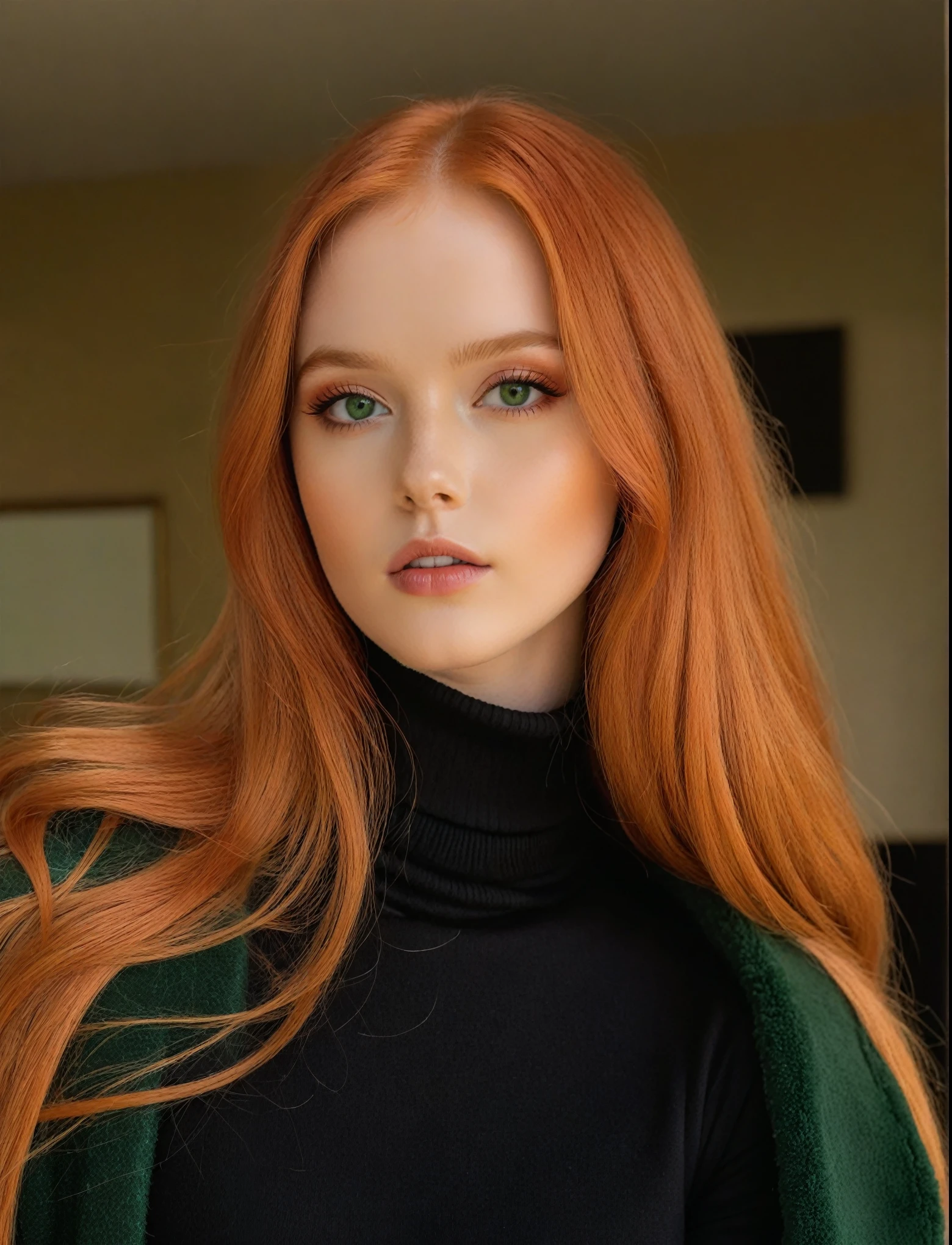 There is a woman with long red hair posing for a photo., Anna Nikonova aka Newmilky, Dasha Taran, Yelena Belova, ellie bamber, with red hair and green eyes, 🤤 girl portrait, soft red skin, a young redhead, red hair and attractive features, She has long orange-brown hair., 19 year old girl