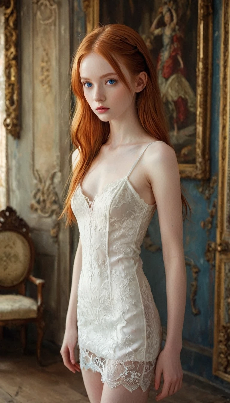 In a rococo atelier、(flat!!!! tiny!!!! chest), (16 years old girl), very young extremely!!!!!! pretty!!!!!!!!! beautiful!!!!!!! face, blue eyes, pale skin, Oil painting nude!!!! model, wears an open!!!!!! white slip dress, lingerie, anorexic!!!!!!, emaciated!!!!!!!!!!!!!, very skinny!!!!!!, (very short!!!!!!!!!!!!!!), tiny!!!!!. Highly detailed, 8K, short!!!!!!!!!, 1girll, boney!!!!!!, firered!!!!!! long straight hair, silver head!!!!!!!!!!!! , (Perfect_Face), Convoluted, Dramatic Lighting, 4K, Detailed_Background, Caustics, from a_Side!!!!!, (eye contact!!!!!), (looking at camera!!!!!!), shot focus on belly and the crotch, whole body shot:1.2,ginger hair