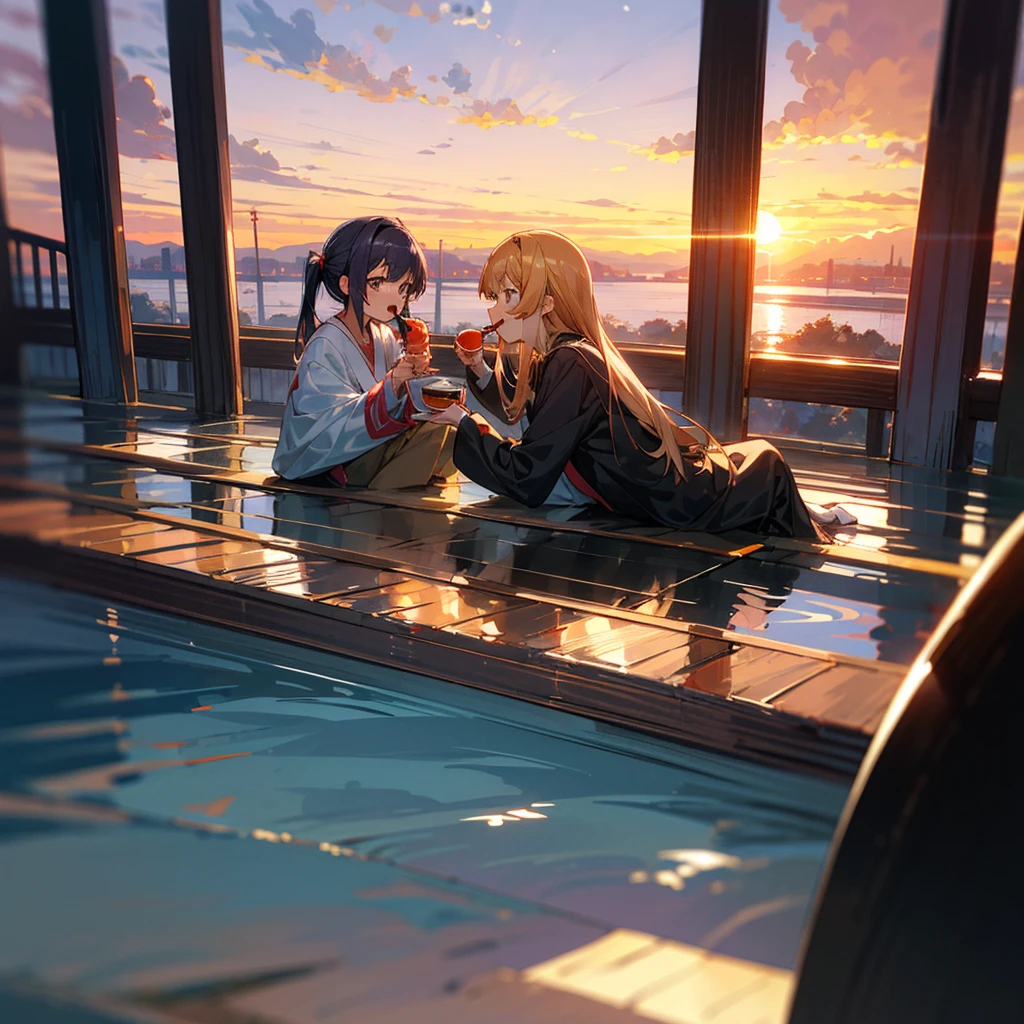 ((pair praise)), ((アニメ)), (fullcolor), one drinking tea looking at the sunset
