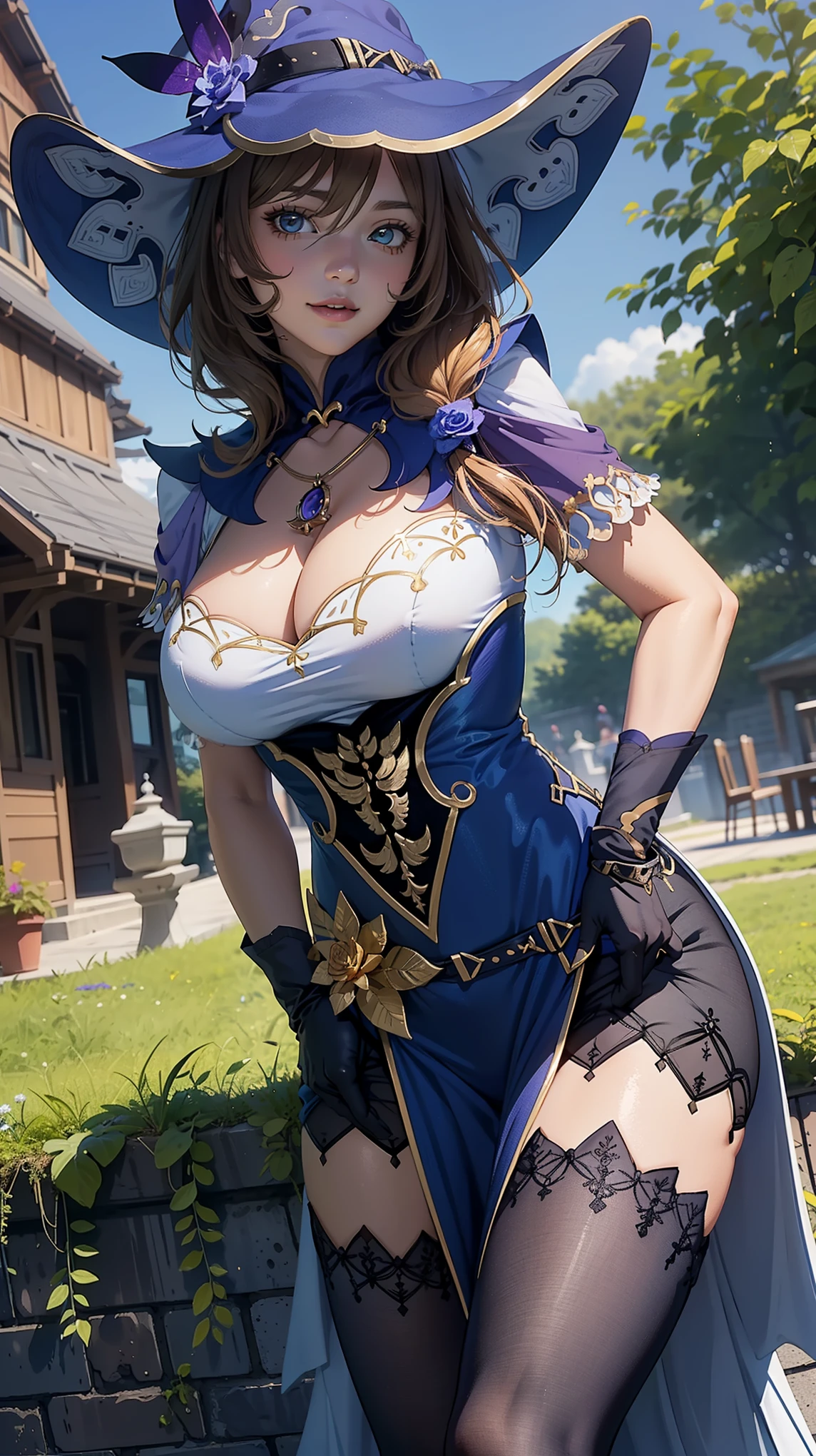 (Girl),(lisadef),masterpiece,huge breast, outdoors, looking at viewer, detail eyes, detail face, standing, smile, (from front:1.8), upper body shot,(detailed face), (cleavage),