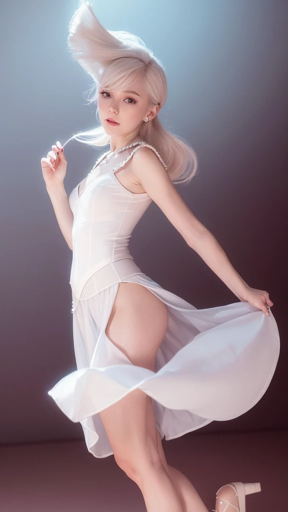 Pearl is a tall woman, slim body with white skin medium light pink hair, has a round face, light blue eyes without pupils and a pointed nose. She has an oval, white Pearl on her forehead and wears ballerina clothes.