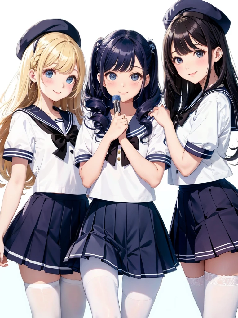high quality、Three beautiful girls、Cute Hairstyles、Cute hair color、Cute colored sailor uniform、White sailor collar、Cute Checkered Pleated Skirt、Cute color school cardiga amusement park、 Dancing with a sly smile、pantyhose、Panty shot