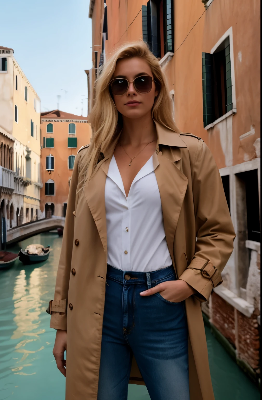 Instagram profile photo, super realistic woman, with a large bust, blonde, green eyes, big tits, woman, wears jeans, white blouse with a large neckline, dantel brown trench coat in the Italian style, (outside a luxury atmosphere in Venice looking the beautiful sky), high resolution, jeans, blabca blouse with great neckline, brown trench coat, in Venice, in a cafe, drinking coffee