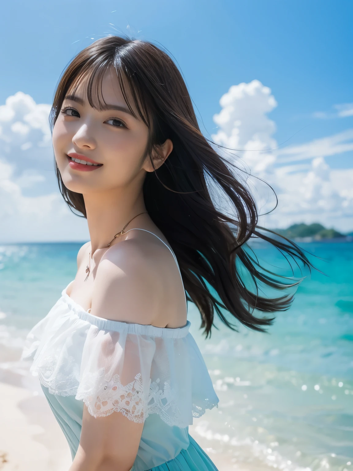 ((top-quality、masutepiece、8K、Top image quality、Hyper-Realism))、(1 photo:1.3)、(Beauty 1 person)、(Photo above from the female breast:1.2)、smile looking at me、the most detailed face、sparkling gemstone necklace、Off-shoulder top with ruffles、Standing on the beach、the most beautiful sea、Beautiful sky、beautiful thunder clouds、Refreshing sea in the background、Shining beautiful sea background、