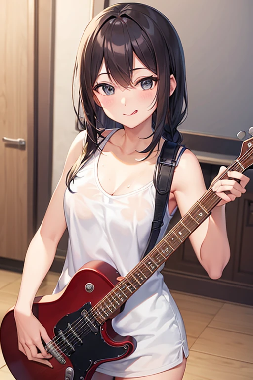Guitar Practice,Wipe away sweat,smile,chest, Character profile, Overlooking, A seductive smile, Tongue out, 