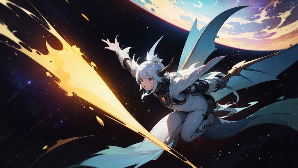 A nordic dragon in space, near a black hole, with stars and planets