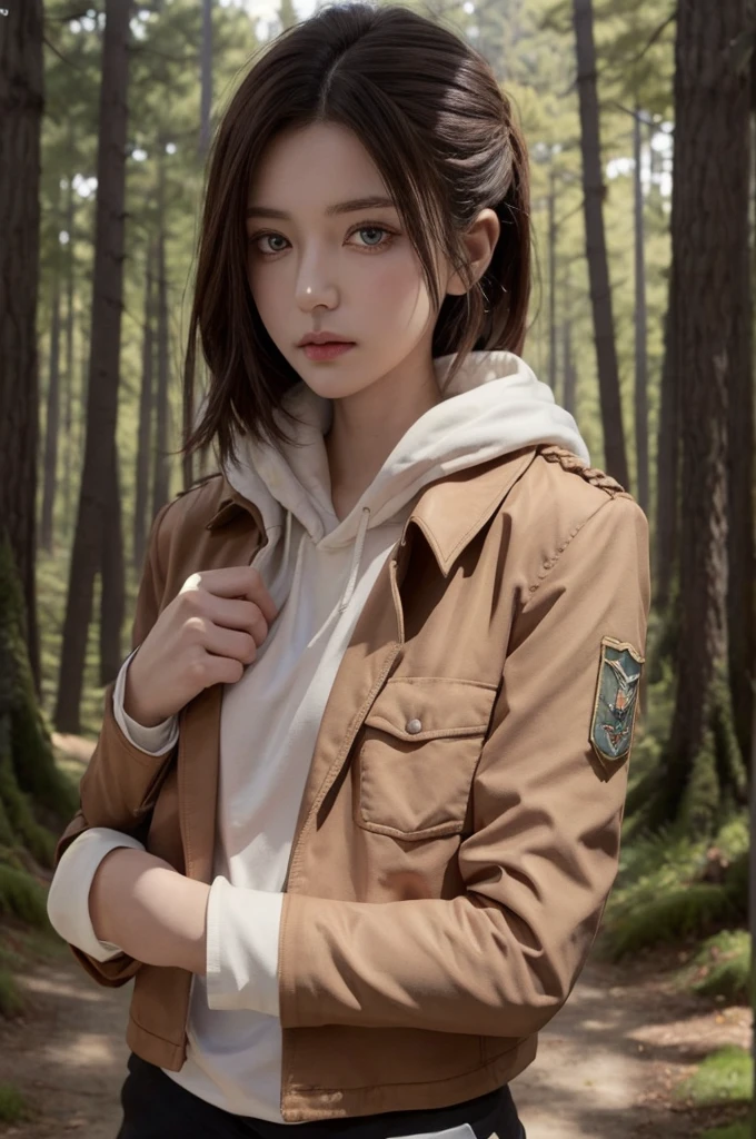masterpiece, Highest quality, Very detailed, Annie_Leonhard, One girl, Mature Woman, Mature Face, thick, alone, Long sleeve, Jacket, Open clothes, Food, open Jacket, Foodie, Food down, brown Jacket, white Foodie, Paradis military uniform, Forest Background, Volumetric lighting, Intricate details, Tone Mapping, Sharp focus, Super detailed, Trending on Art Station
